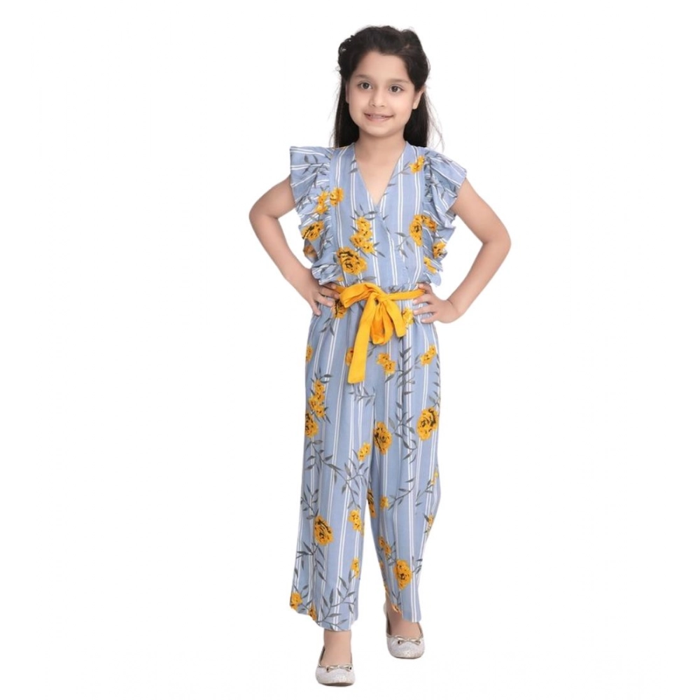 Generic Girl's Rayon Floral Flutter Jumpsuit (Blue-Yellow) - Image 5