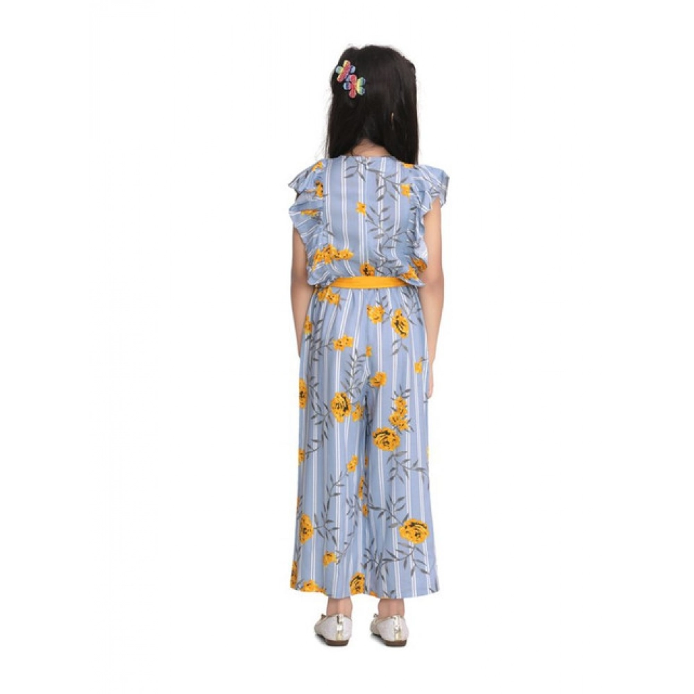 Generic Girl's Rayon Floral Flutter Jumpsuit (Blue-Yellow) - Image 4