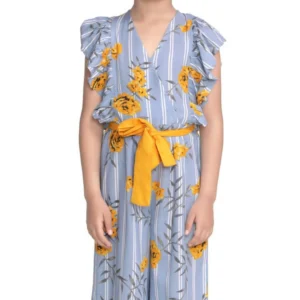 Generic Girl's Rayon Floral Flutter Jumpsuit (Blue-Yellow)