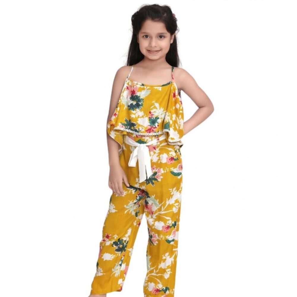 Generic Girl's Rayon Floral Shoulder Straps Jumpsuit (Mustard) - Image 5