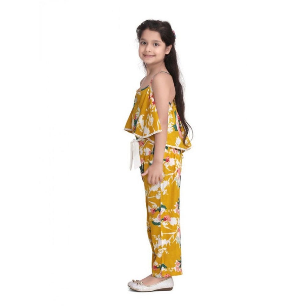 Generic Girl's Rayon Floral Shoulder Straps Jumpsuit (Mustard) - Image 3