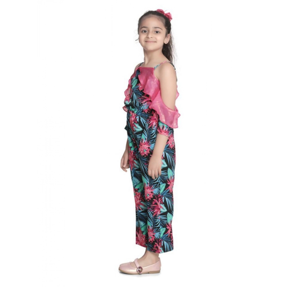 Generic Girl's Polyester Floral Cold Shoulder Jumpsuit (Pink) - Image 3