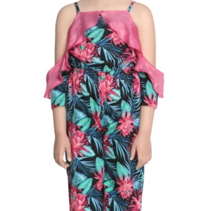 Generic Girl's Polyester Floral Cold Shoulder Jumpsuit (Pink)