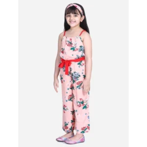 Generic Girl's Polyester Crepe Floral Shoulder Straps Jumpsuit (Peach-Red)