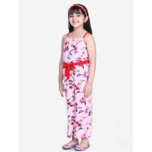 Generic Girl's Polyester Crepe Floral Shoulder Straps Jumpsuit (Pink-Red)