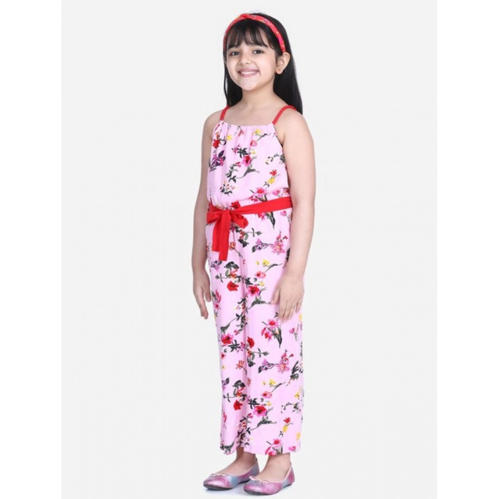 Generic Girl's Polyester Crepe Floral Shoulder Straps Jumpsuit (Pink-Red)
