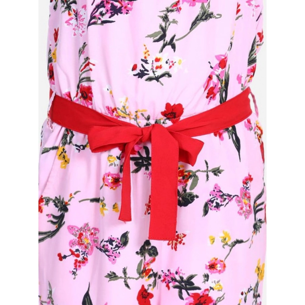Generic Girl's Polyester Crepe Floral Shoulder Straps Jumpsuit (Pink-Red) - Image 3