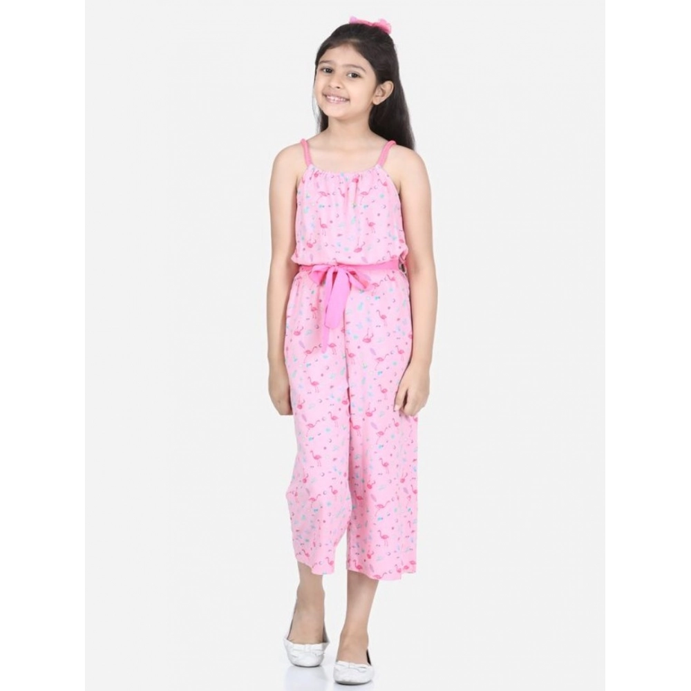 Generic Girl's Rayon Flamingo Print Sleeveless Jumpsuit (Pink)