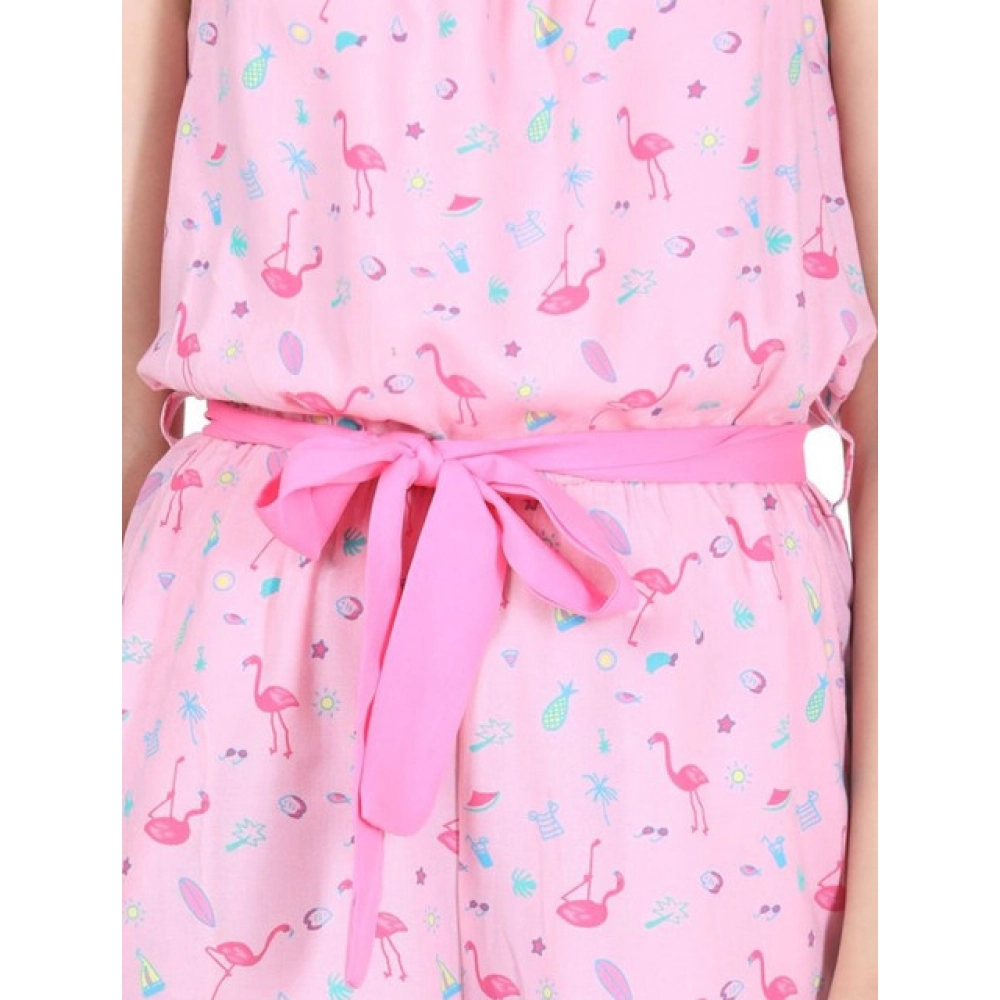 Generic Girl's Rayon Flamingo Print Sleeveless Jumpsuit (Pink) - Image 3