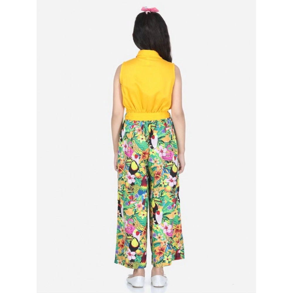 Generic Girl's Rayon Flamingo Print Sleeveless Jumpsuit (Yellow-Multicolor) - Image 3
