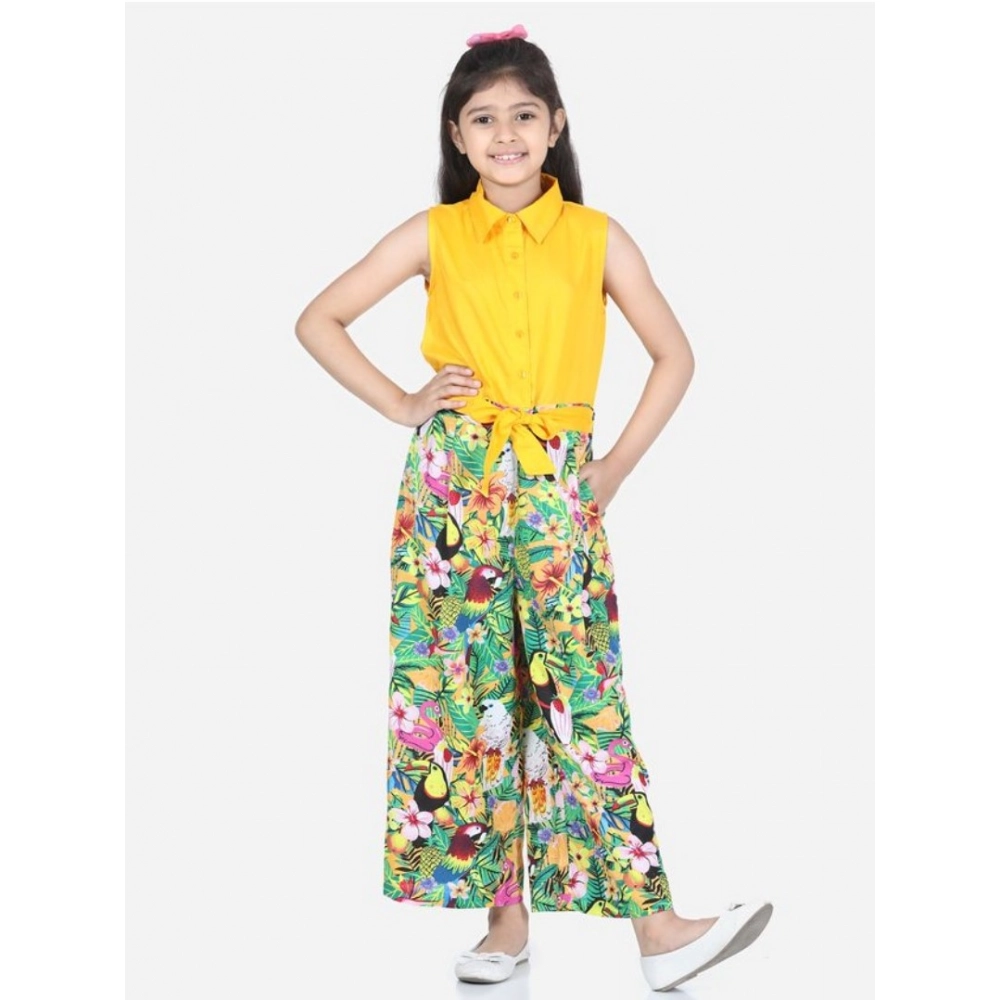 Generic Girl's Rayon Flamingo Print Sleeveless Jumpsuit (Yellow-Multicolor)