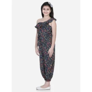 Generic Girl's Polyester Moss Floral Sleeveless Jumpsuit (Multicolor)