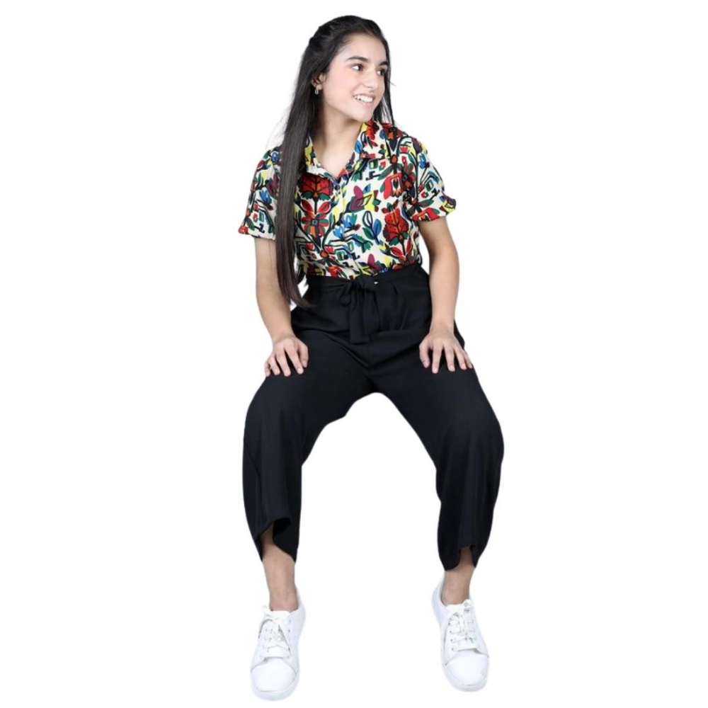 Generic Girl's Polyester Printed Short Sleeves Jumpsuit (Multicolor-Black) - Image 2