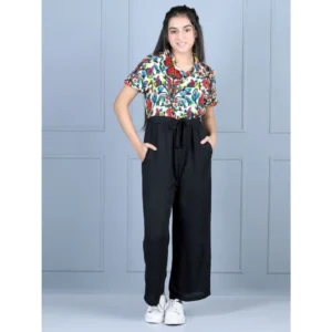 Generic Girl's Polyester Printed Short Sleeves Jumpsuit (Multicolor-Black)