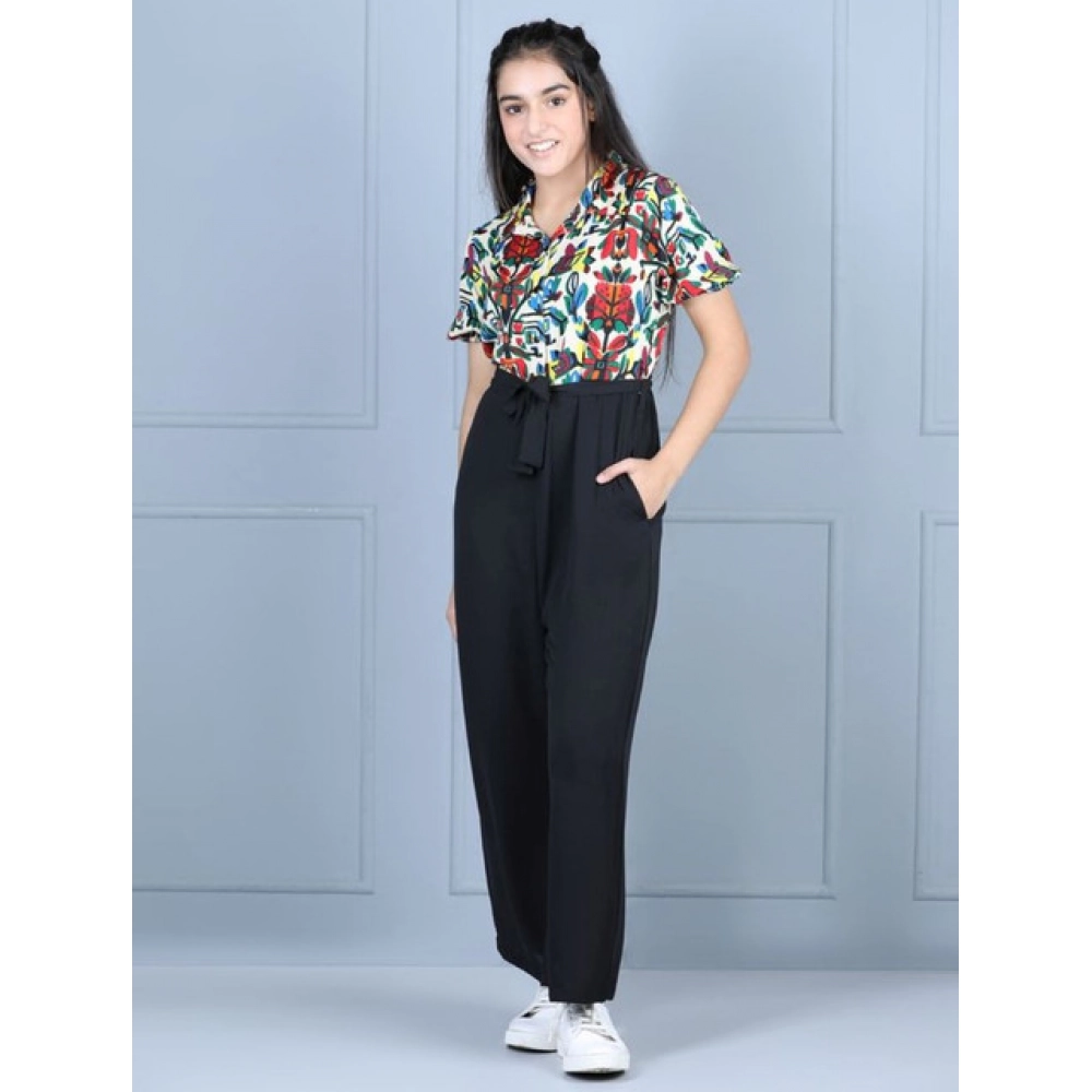 Generic Girl's Polyester Printed Short Sleeves Jumpsuit (Multicolor-Black) - Image 3