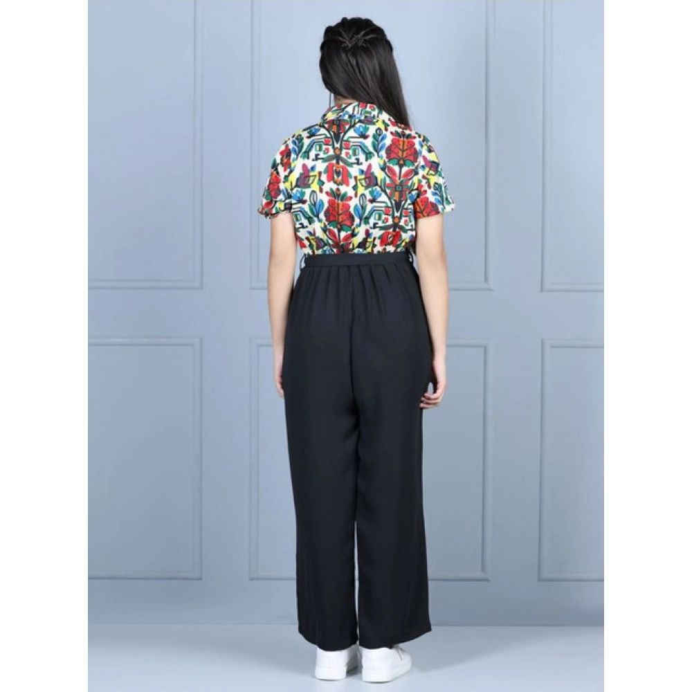 Generic Girl's Polyester Printed Short Sleeves Jumpsuit (Multicolor-Black) - Image 4