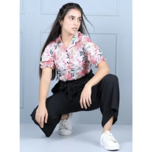 Generic Girl's Polyester Floral Short Sleeves Jumpsuit (White-Black)