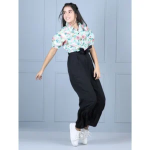 Generic Girl's Polyester Floral Short Sleeves Jumpsuit (Green-Black)