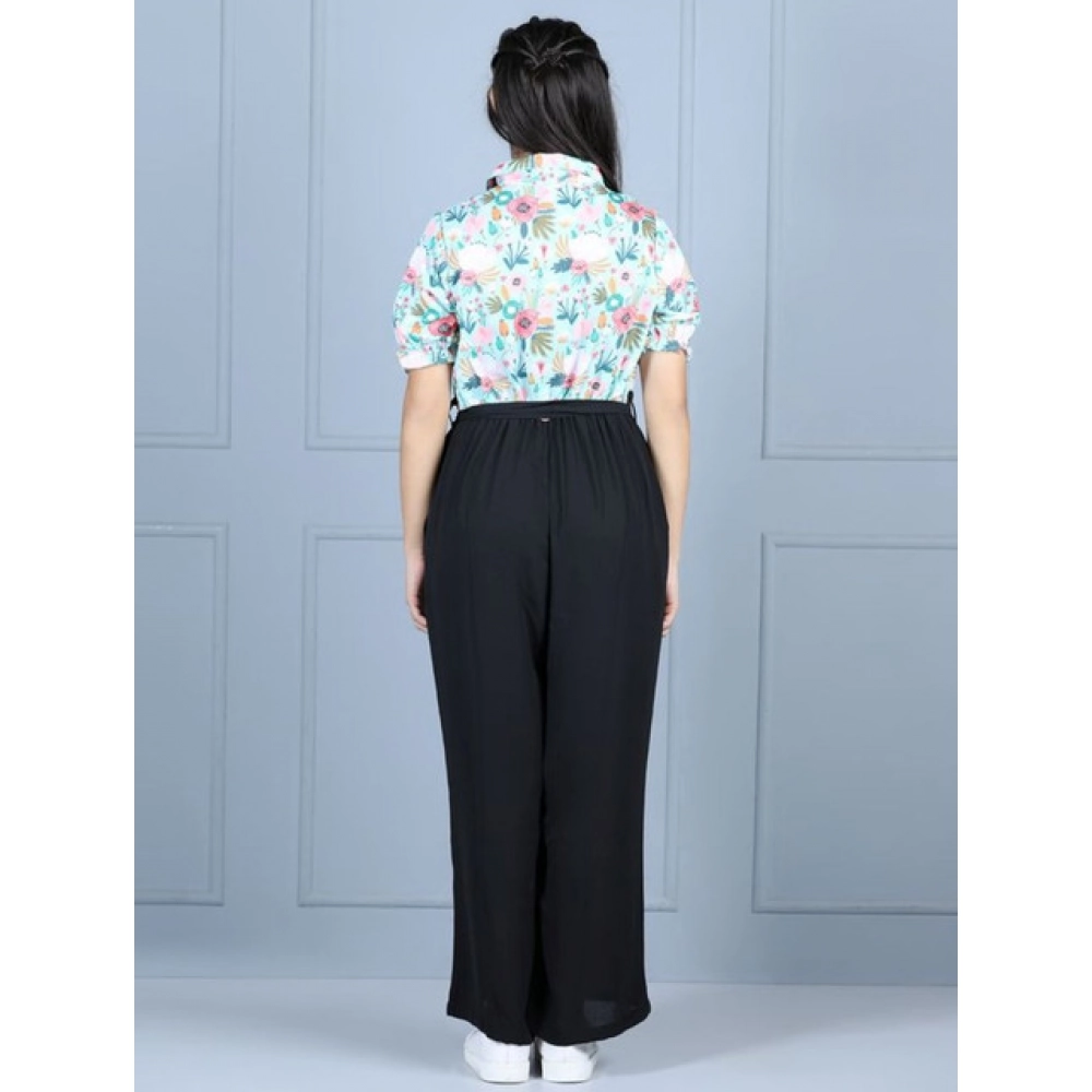 Generic Girl's Polyester Floral Short Sleeves Jumpsuit (Green-Black) - Image 4