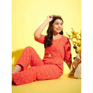 Generic Girl's Polyester Floral 3/4th Sleeve Jumpsuit (Coral)