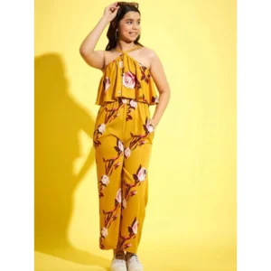 Generic Girl's Polyester Crepe Floral Sleeveless Jumpsuit (Mustard)