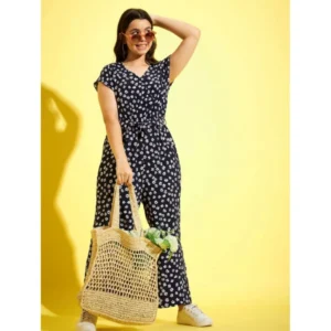 Generic Girl's Polyester Moss Floral Short Sleeves Jumpsuit (Navy-white)