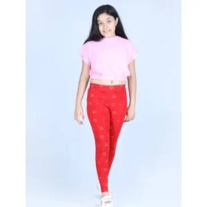 Generic Girl's Cotton Lycra Printed Elasticated Leggings (Red)
