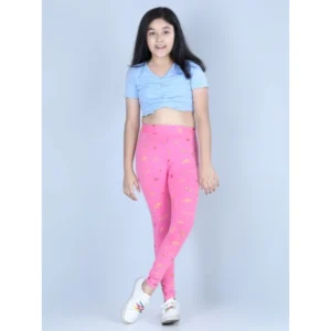Generic Girl's Cotton Lycra Printed Elasticated Leggings (Pink)
