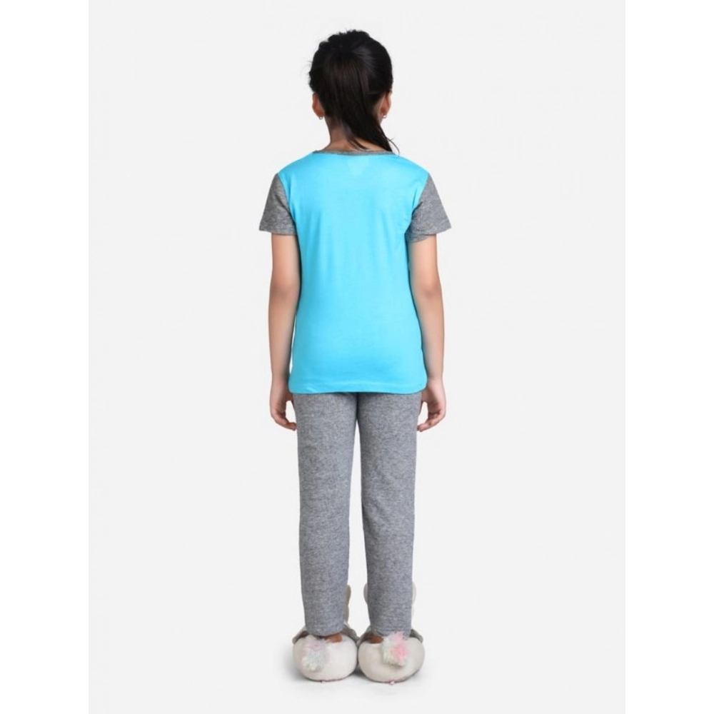 Generic Girl's Cotton Hosiery Printed Night Suit Set (Blue-Grey) - Image 4