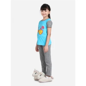 Generic Girl's Cotton Hosiery Printed Night Suit Set (Blue-Grey)