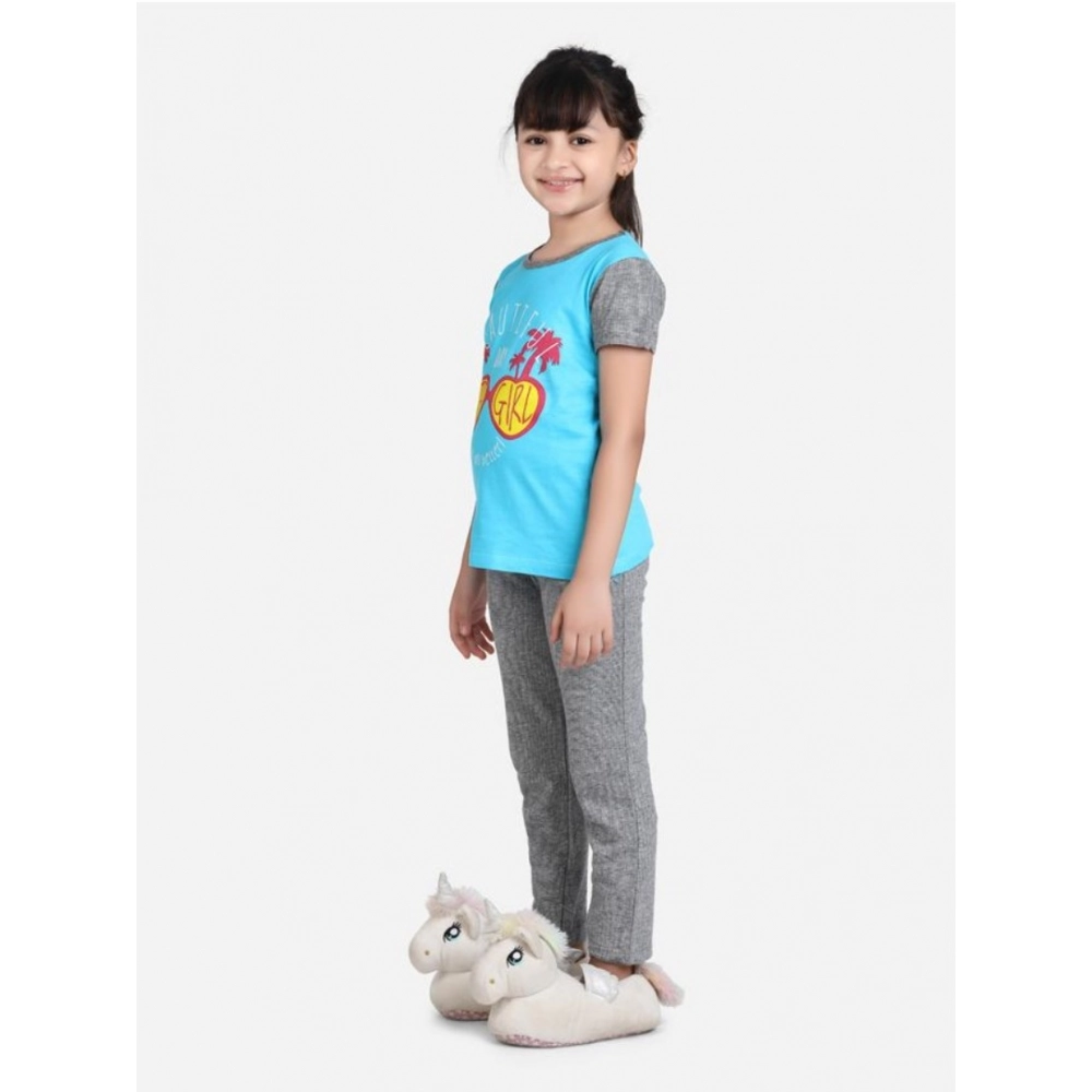 Generic Girl's Cotton Hosiery Printed Night Suit Set (Blue-Grey)