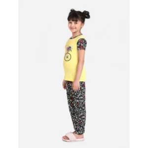 Generic Girl's Cotton Hosiery Printed Night Suit Set (Yellow-Black)