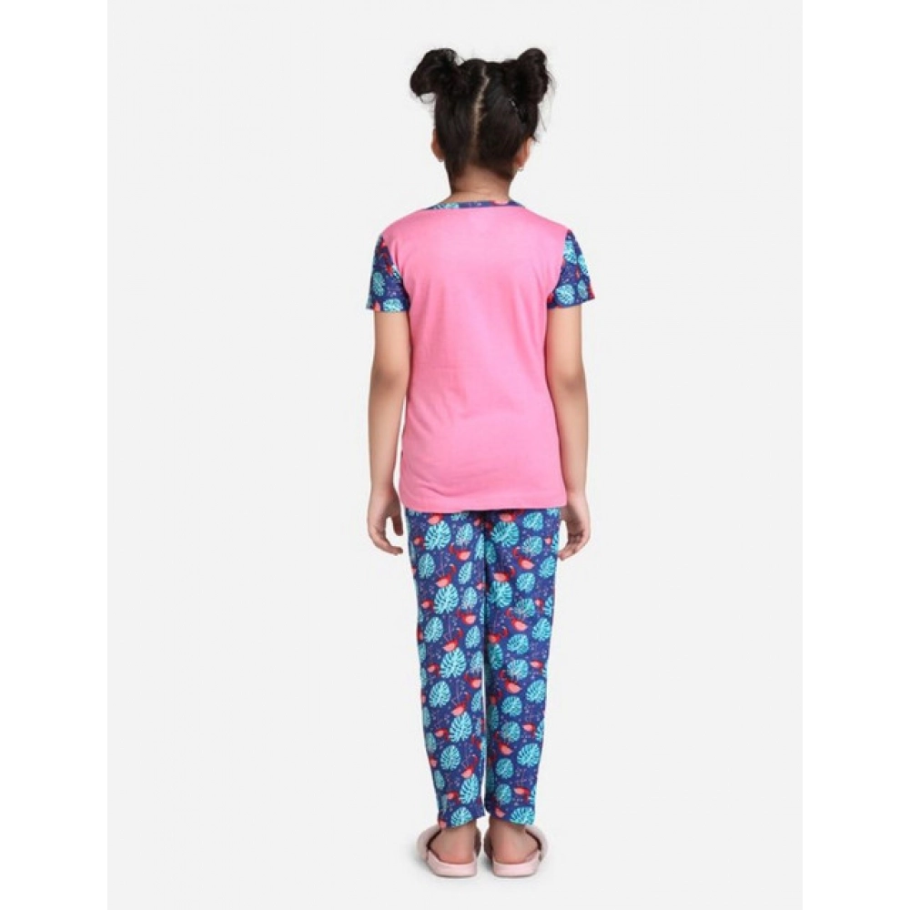 Generic Girl's Cotton Hosiery Printed Night Suit Set (Pink-Blue) - Image 4