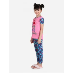 Generic Girl's Cotton Hosiery Printed Night Suit Set (Pink-Blue)