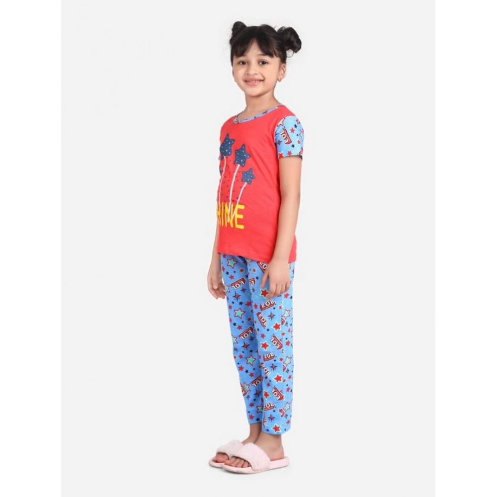 Generic Girl's Cotton Hosiery Printed Night Suit Set (Red-Blue)