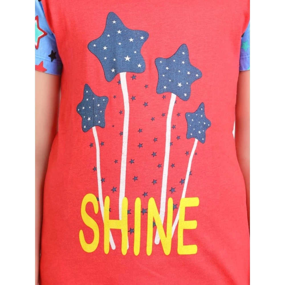 Generic Girl's Cotton Hosiery Printed Night Suit Set (Red-Blue) - Image 3