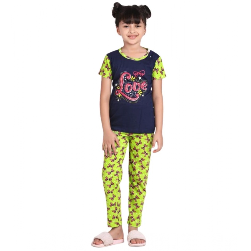Generic Girl's Cotton Hosiery Printed Night Suit Set (Navy-Green) - Image 5