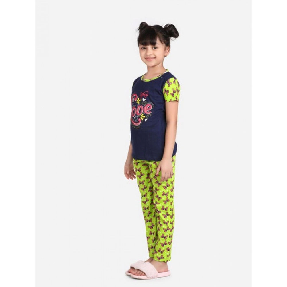 Generic Girl's Cotton Hosiery Printed Night Suit Set (Navy-Green)