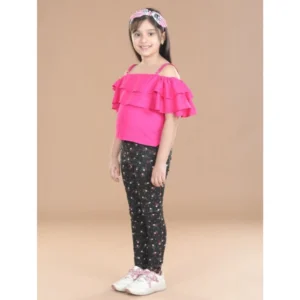 Generic Girl's Cotton Floral Elasticated Jegging and Top Set (Pink)