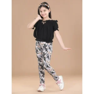 Generic Girl's Cotton Floral Elasticated Jegging and Top Set (Black)