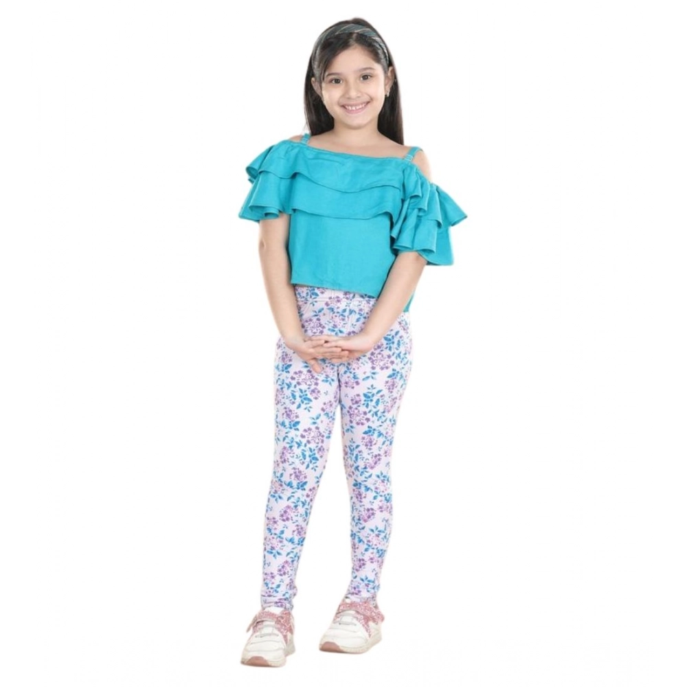 Generic Girl's Cotton Floral Elasticated Jegging and Top Set (Turquoise Blue) - Image 2