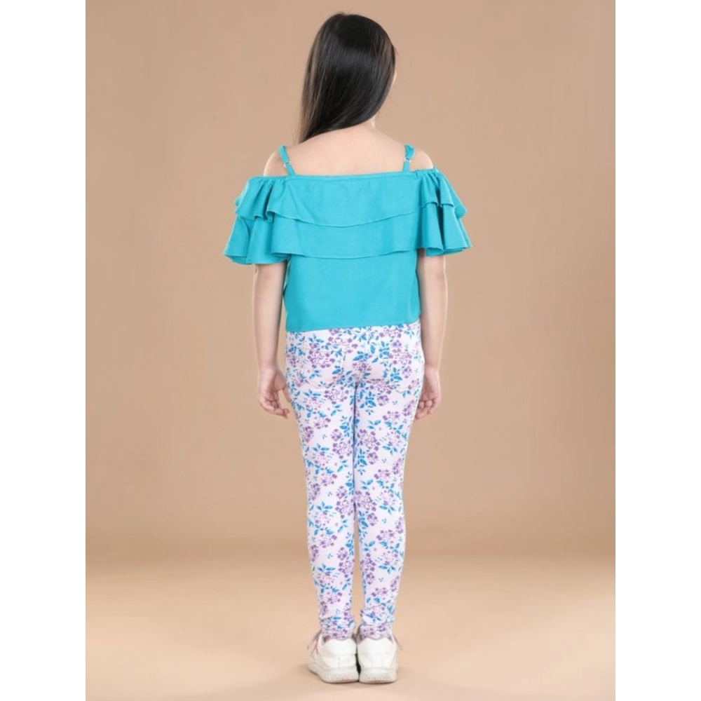 Generic Girl's Cotton Floral Elasticated Jegging and Top Set (Turquoise Blue) - Image 3