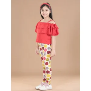 Generic Girl's Cotton Floral Elasticated Jegging and Top Set (Red)