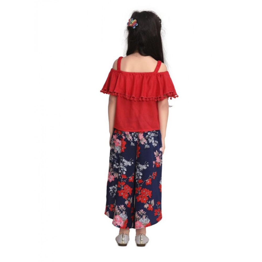 Generic Girl's Rayon Crepe Printed Cold Shoulder Top and Pants Set (Red-Navy) - Image 4