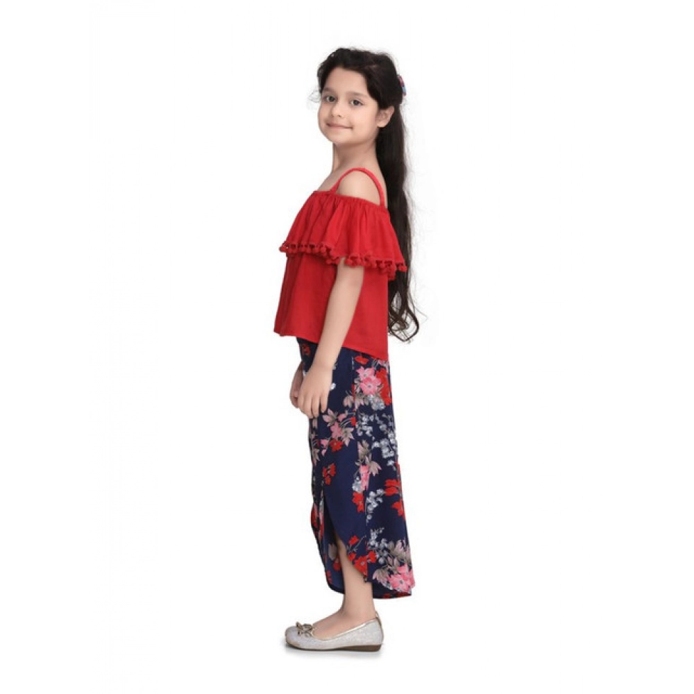 Generic Girl's Rayon Crepe Printed Cold Shoulder Top and Pants Set (Red-Navy) - Image 3