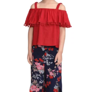 Generic Girl's Rayon Crepe Printed Cold Shoulder Top and Pants Set (Red-Navy)