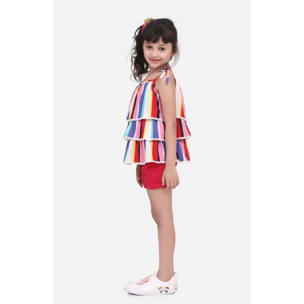 Generic Girl's Polyester Crepe Striped Tie Ups Shorts Set (Multicolor) - Image 3