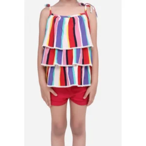 Generic Girl's Polyester Crepe Striped Tie Ups Shorts Set (Multicolor)