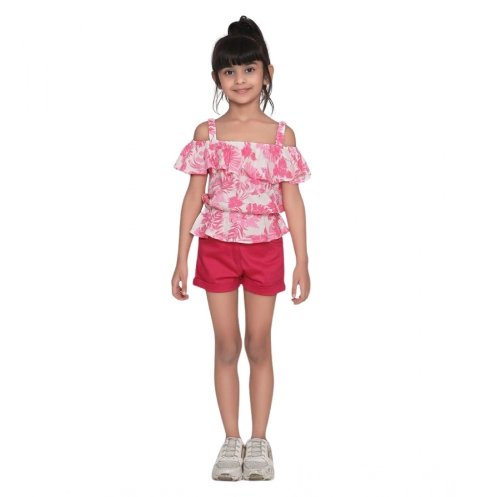 Generic Girl's Cotton Floral Cold Shoulder Top and Shorts Set (Pink-Red) - Image 4