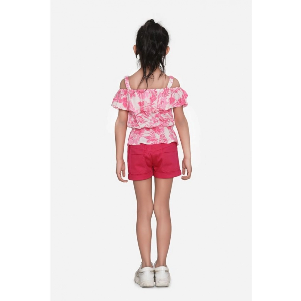 Generic Girl's Cotton Floral Cold Shoulder Top and Shorts Set (Pink-Red) - Image 5